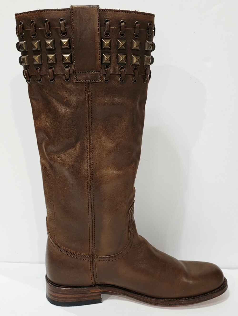 Sendra 9177 Stud Lace Brown Leather Boot High Knee Riding Biker Women 10 New